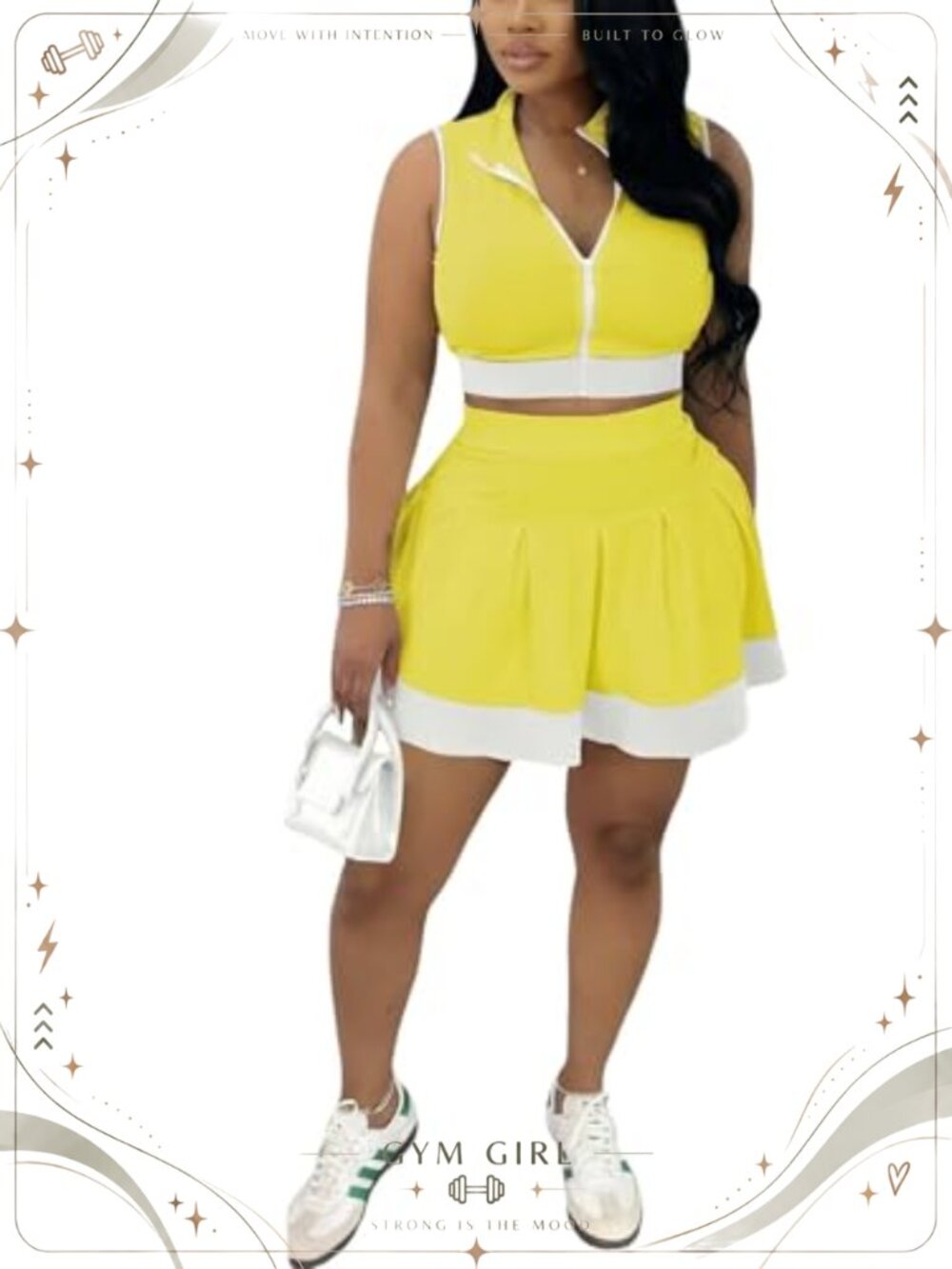 Women 2 Piece Outfit Zip Crop Top Pleated Mini Tennis Skirt Set